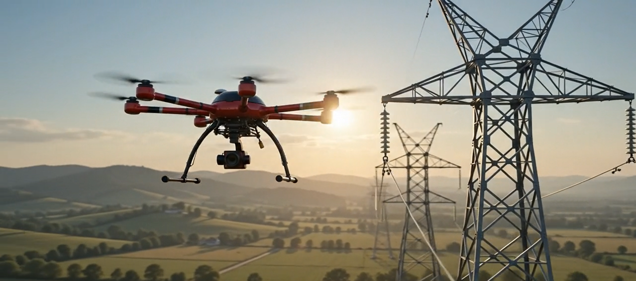 Illustration of a drone carrying a guide line from a transmission tower across terrain