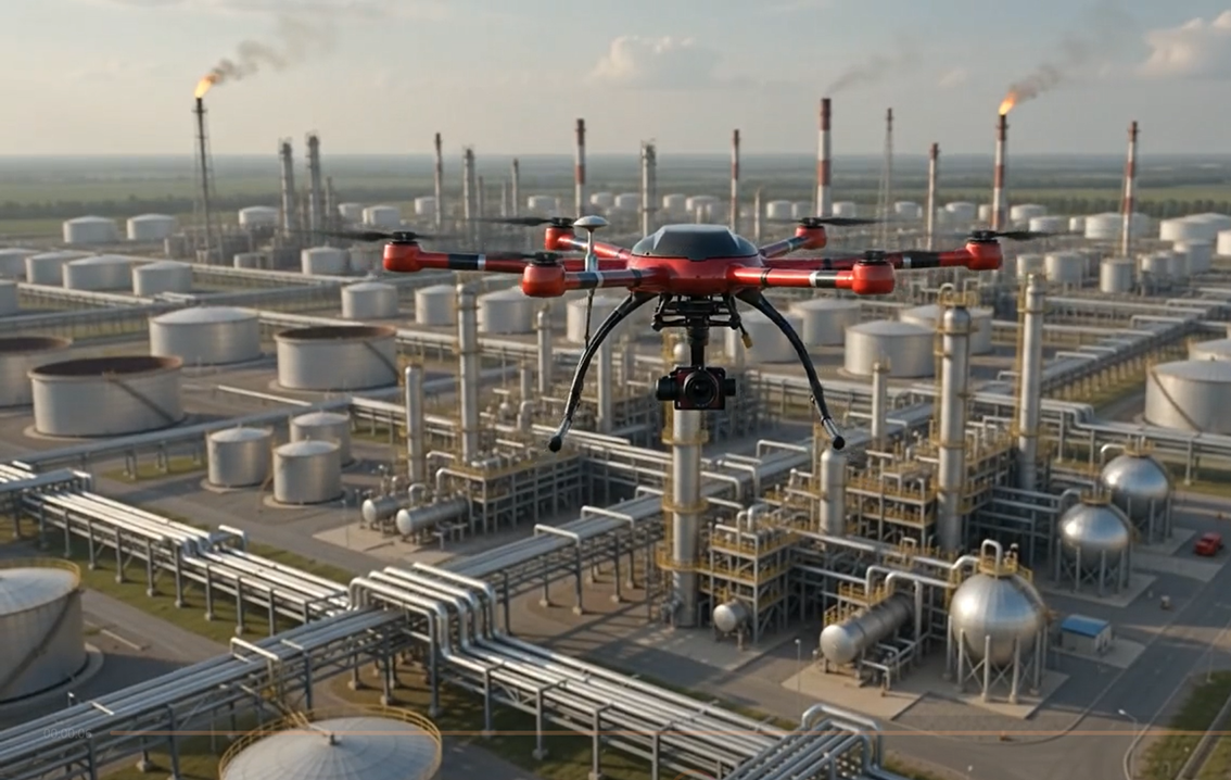Drone equipped with sensors flying over an industrial facility, capturing data link and coordinate readouts