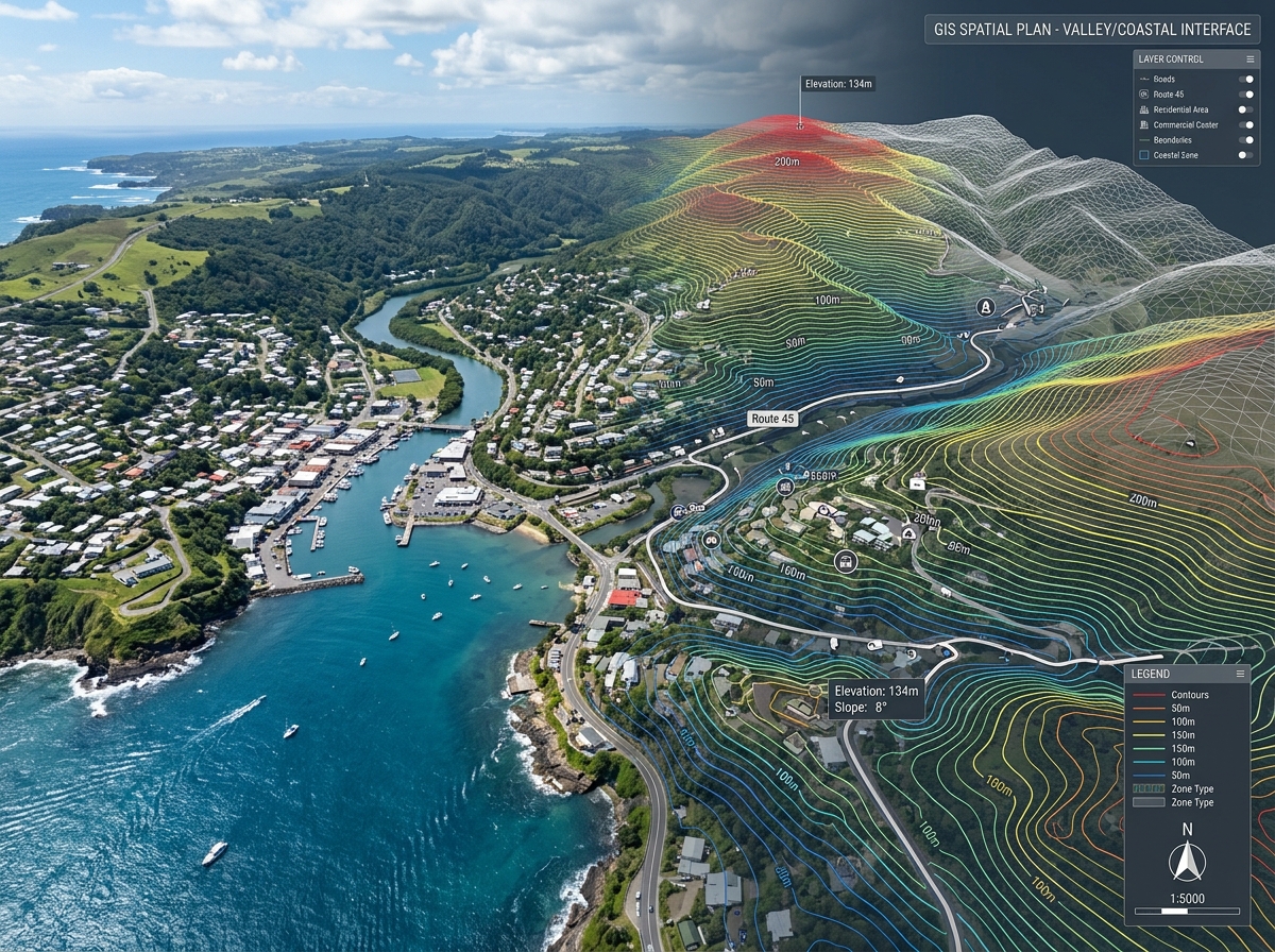 Geospatial GIS mapping overlay showing 3D wiremesh contours and elevation lines over an aerial drone map