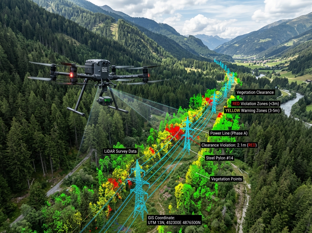 Aerial drone performing LiDAR corridor mapping survey showing vegetation clearance around transmission lines