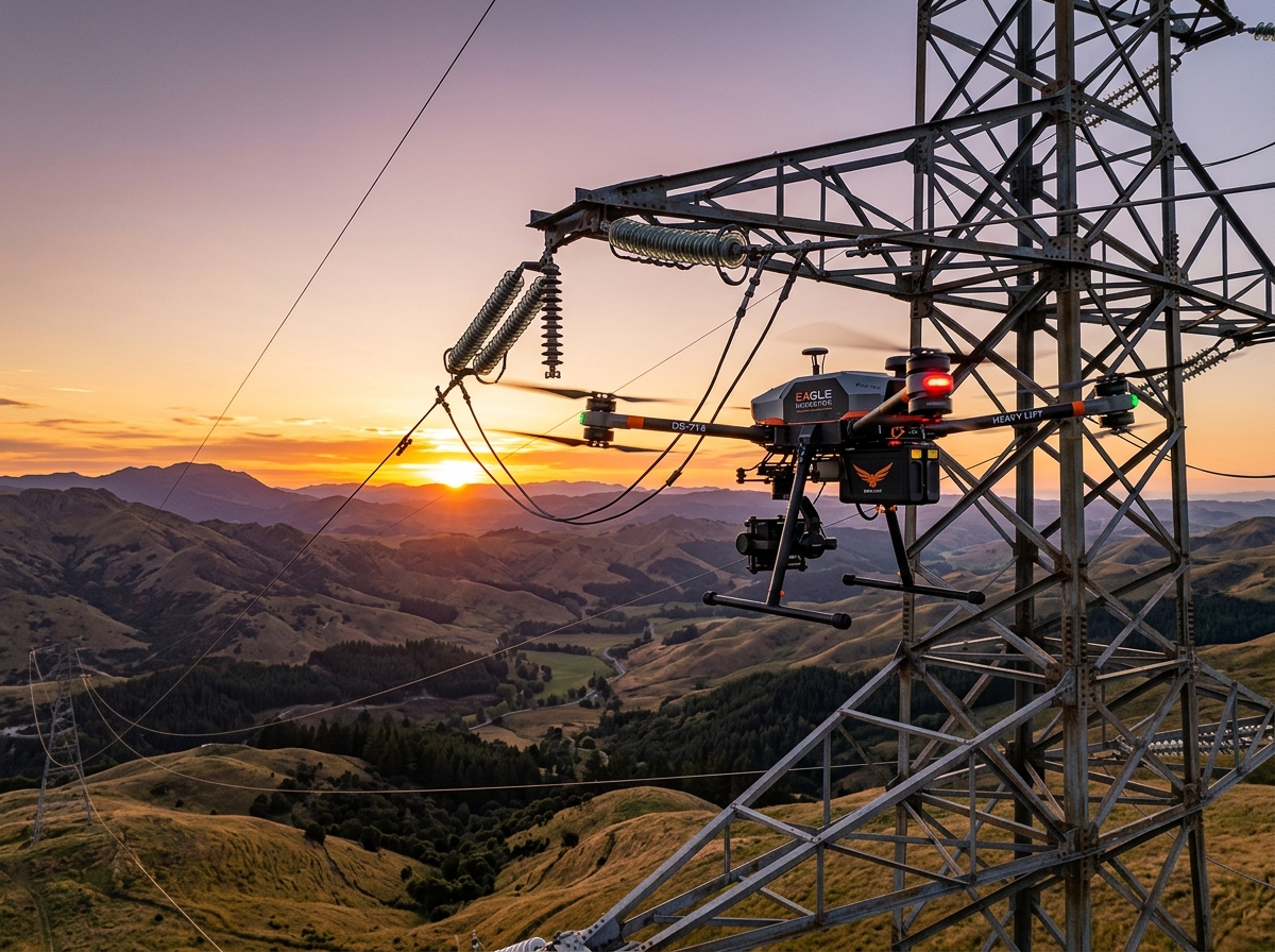 Industrial inspection drone performing visual survey of steel pylon high-voltage transmission tower