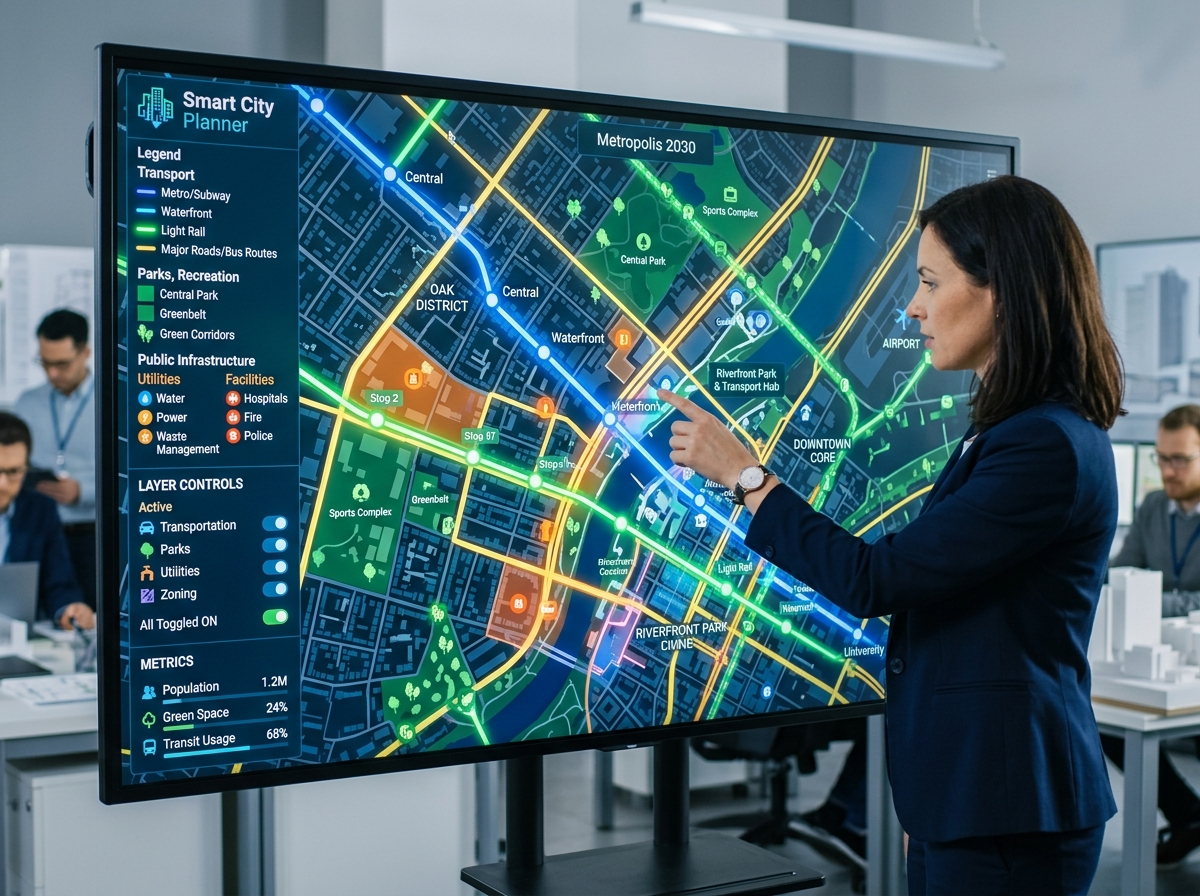 Smart city GIS map dashboard showcasing public infrastructure and transportation planning networks