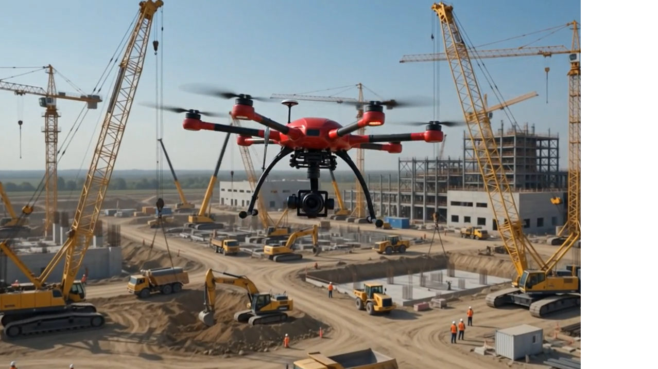 Drone inspecting critical infrastructure from the air as a survey team looks on