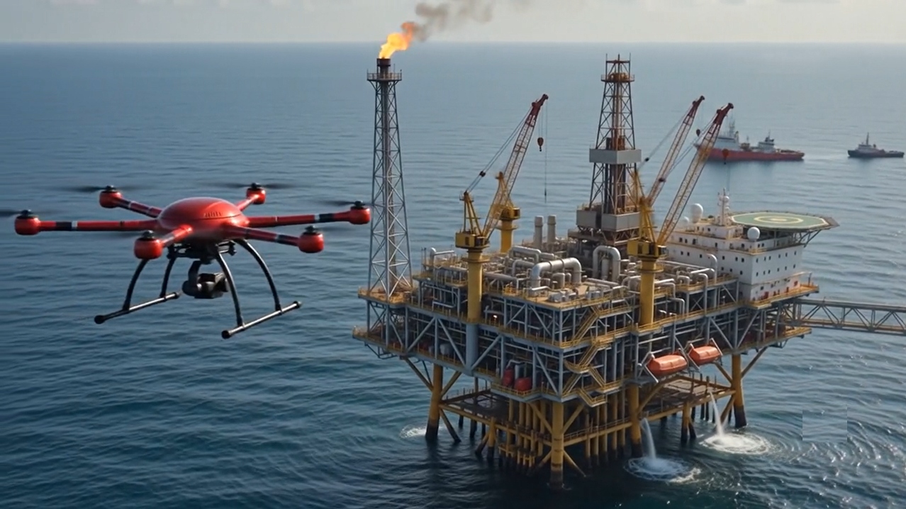 Drone monitoring an oil and gas pipeline corridor using aerial imaging and gas detection sensors