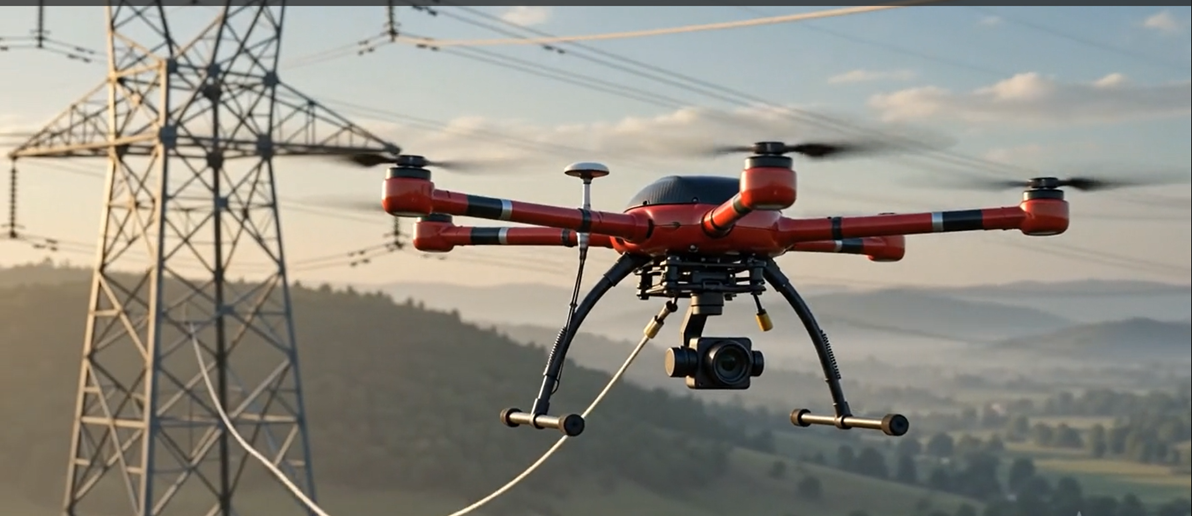 Illustration of a drone carrying a guide line from a transmission tower across terrain