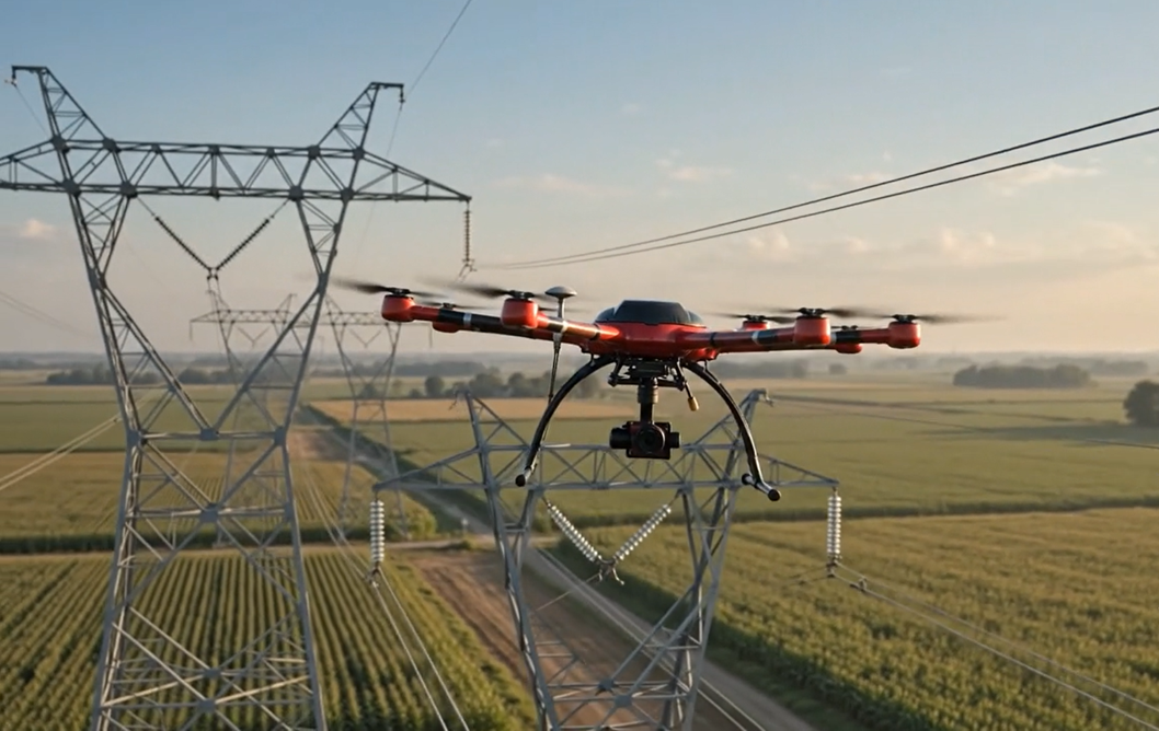 Drone deploying guide line between transmission towers during power line stringing operations