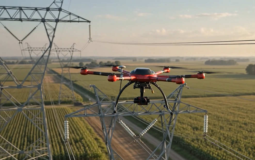 Drone flying past a high-voltage transmission tower at sunset