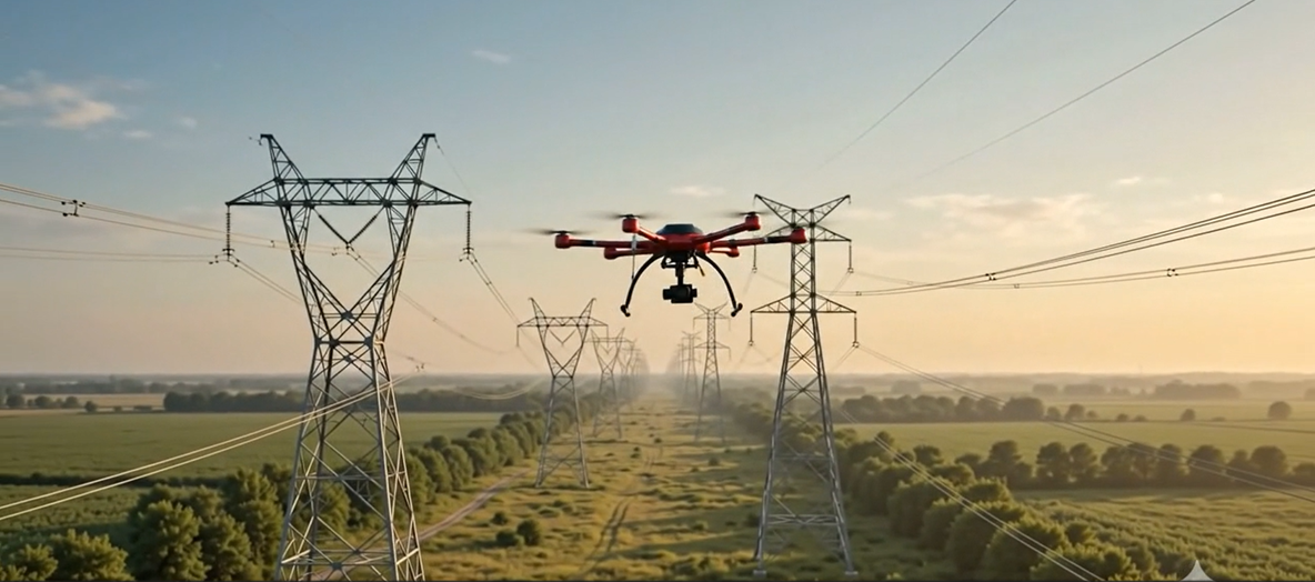 Drone inspecting a transmission tower or industrial asset