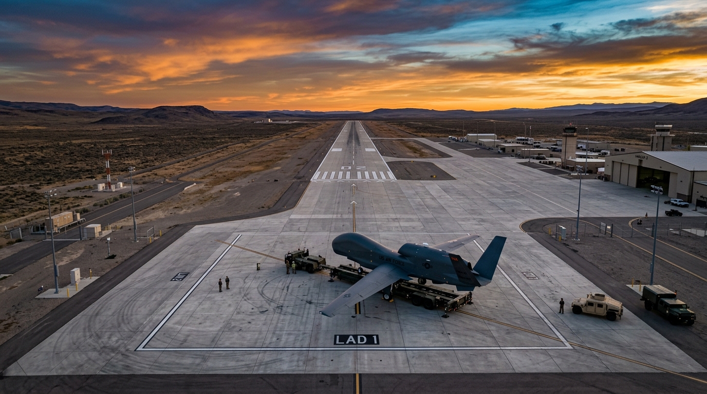 Drone take-off field and runway at sunset