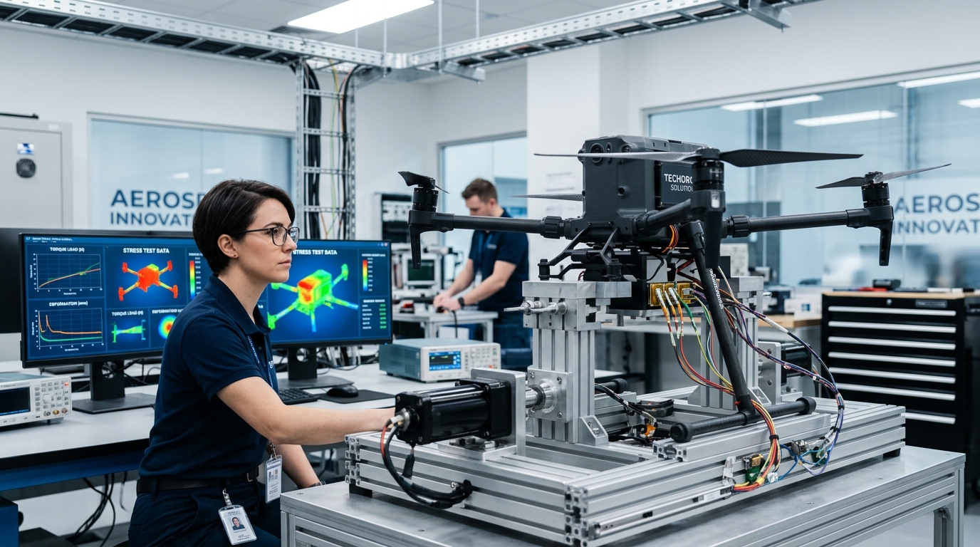 Drone mounted on a static testing rig inside a laboratory for structural stress tests
