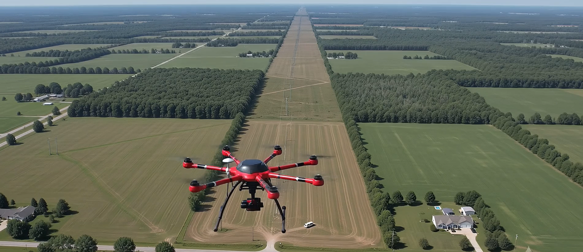 Drone inspecting critical infrastructure from the air as a survey team looks on