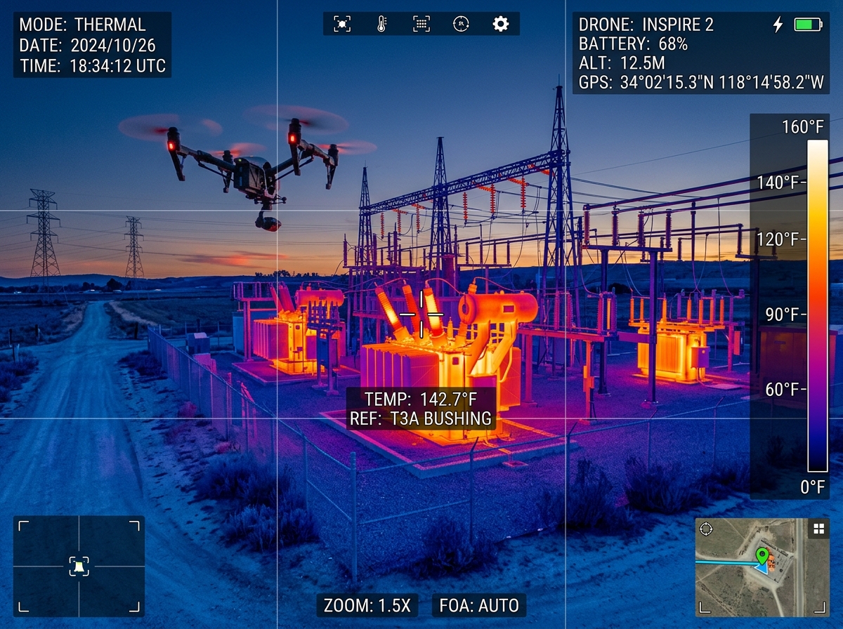 Thermal camera visualization showing temperature anomalies and hotspots on electrical substation infrastructure during drone inspection