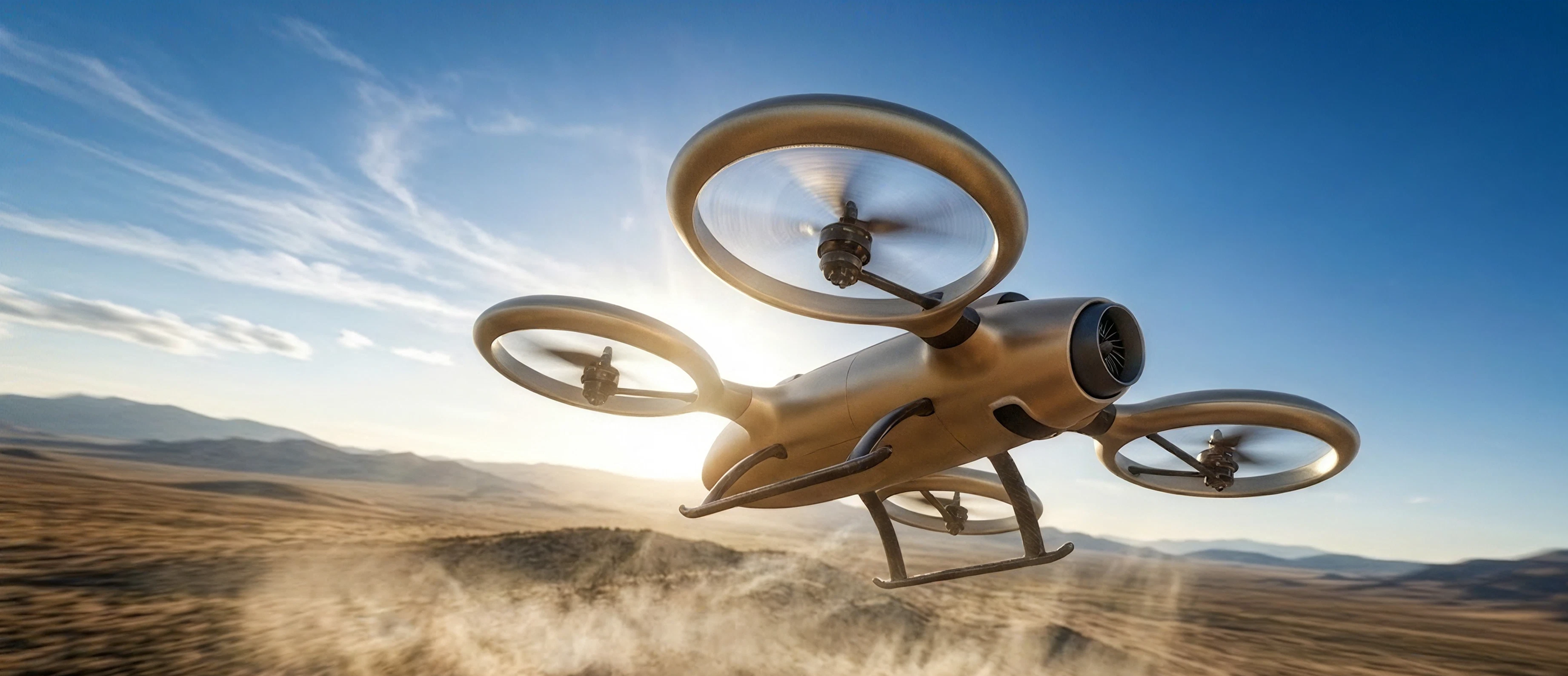 IndraKavach counter-UAV interceptor drone in flight over desert terrain