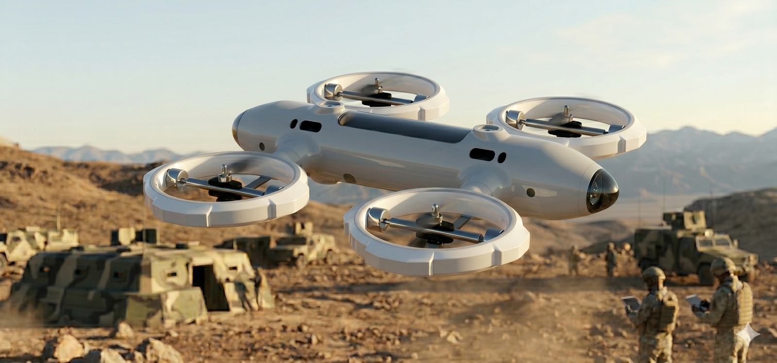 IndraKavach interceptor drone flying over desert terrain with ground forces