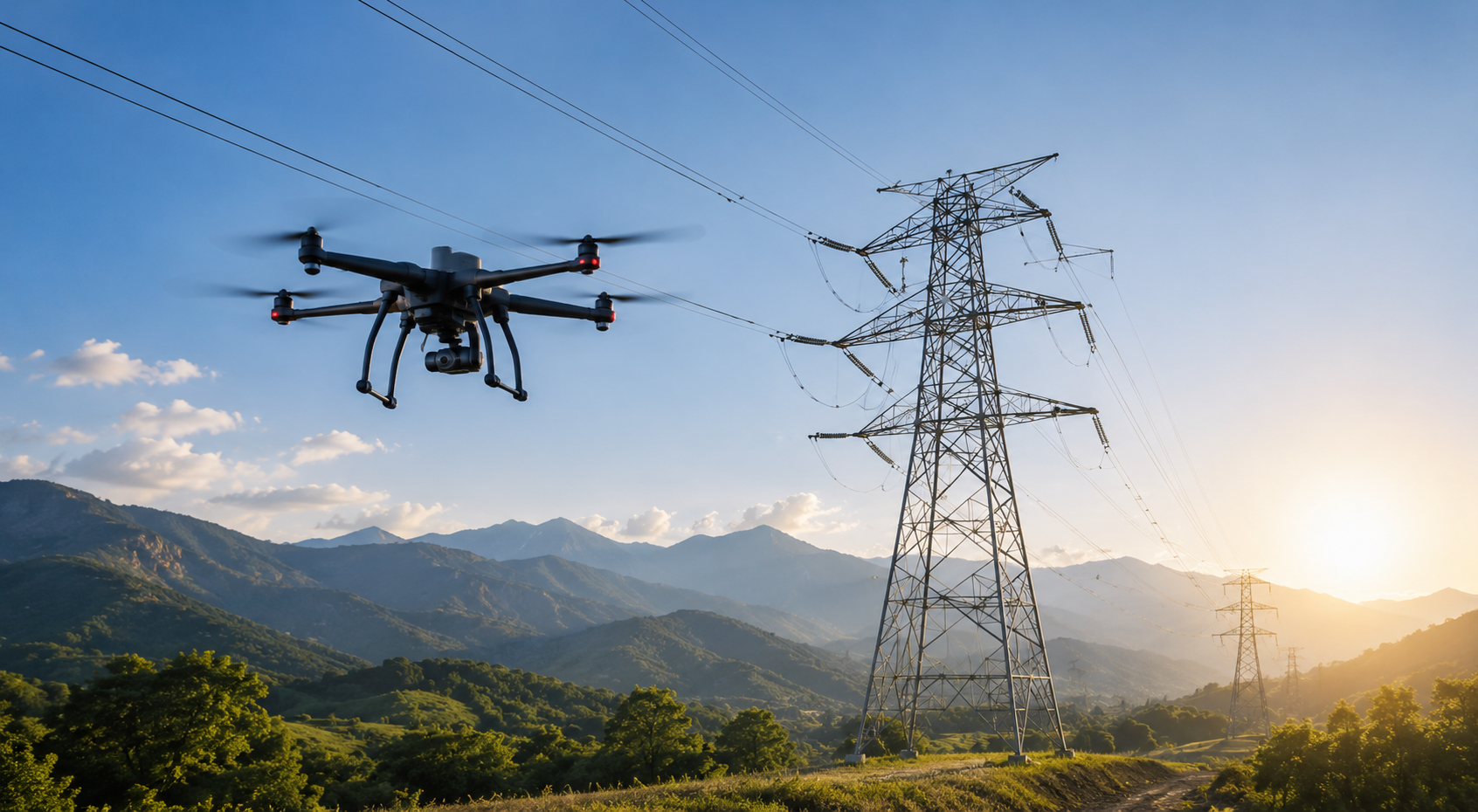 Drone inspecting a high-voltage transmission tower at sunset