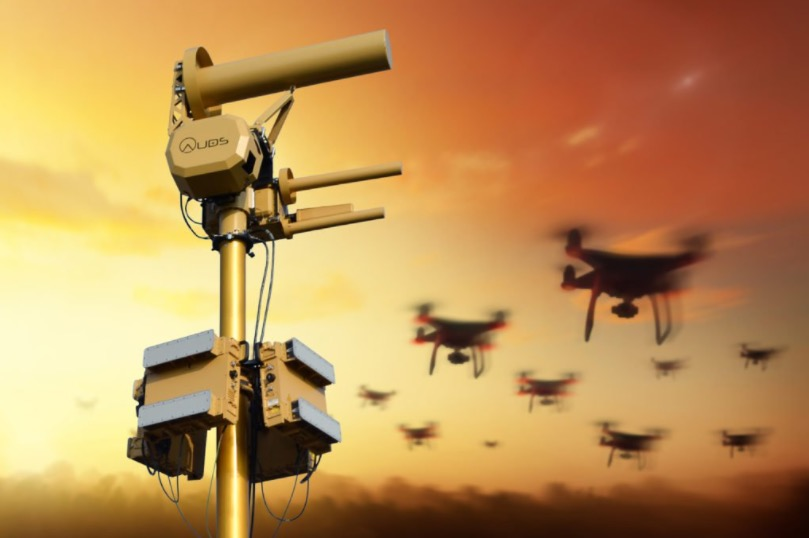 Counter-UAS ground-based anti-drone jamming system against a swarm of drones at dusk