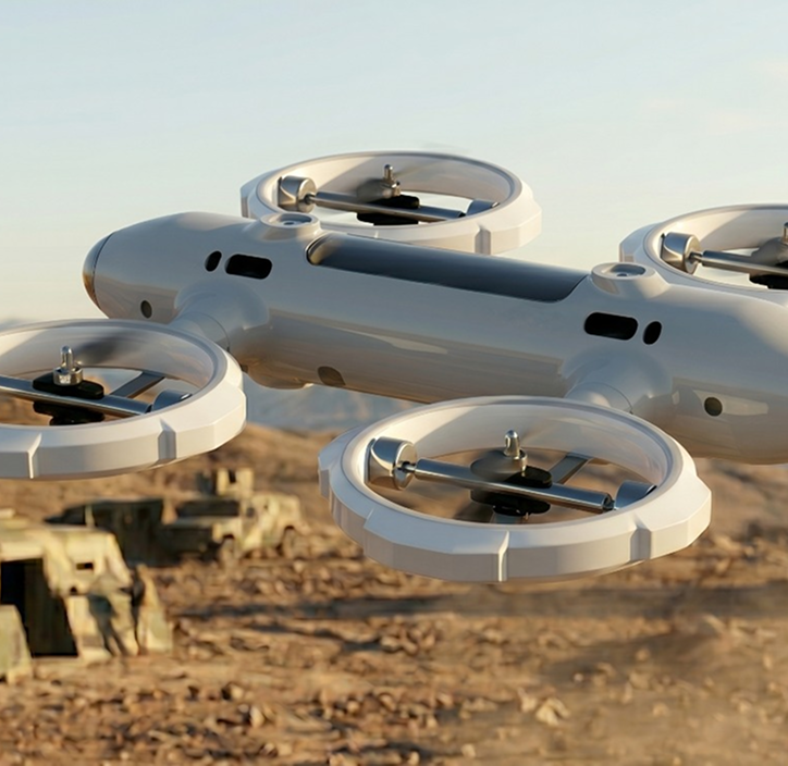 IndraKavach interceptor drone over desert terrain with ground forces
