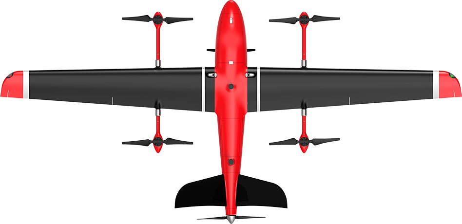 Skyhunter VTOL fixed-wing survey drone flying over a large infrastructure corridor during an aerial mapping mission
